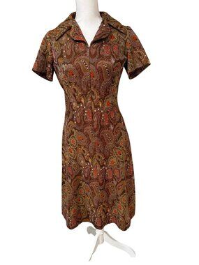 Vtg 70s Brown Paisley Short Sleeve Zip-Front Dress W/ Pointed Collar Size M/L?